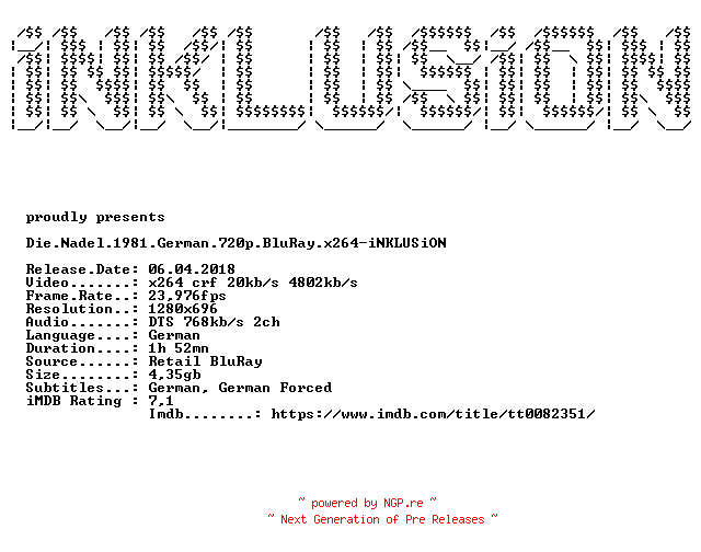 NFO for the release Die.Nadel.1981.German.720p.BluRay.x264-iNKLUSiON by iNKLUSiON