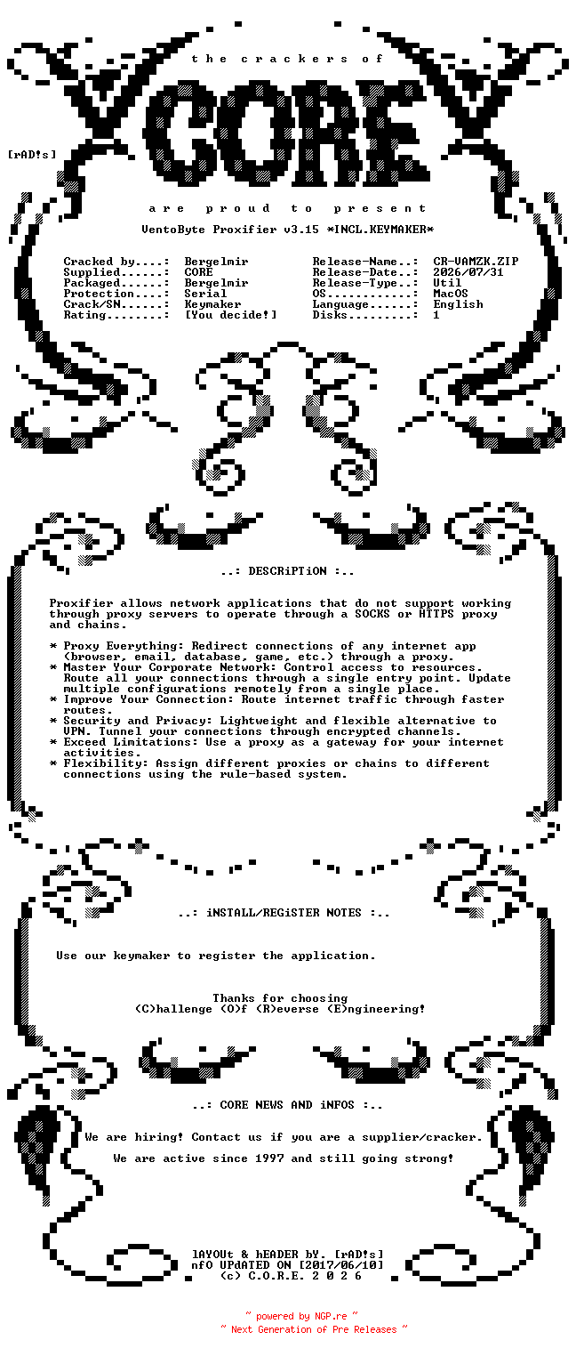 NFO for the release VentoByte.Proxifier.v3.15.MacOS.UB.Incl.Keymaker-CORE by CORE