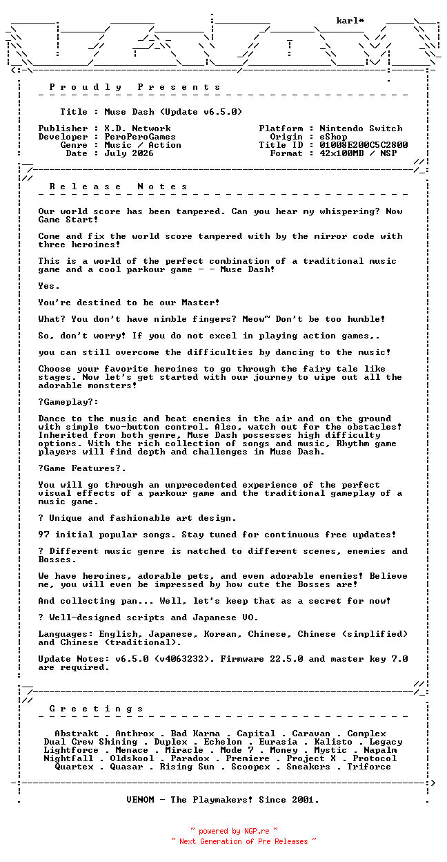 NFO for the release Muse_Dash_Update_v6.5.0_NSW-VENOM by VENOM