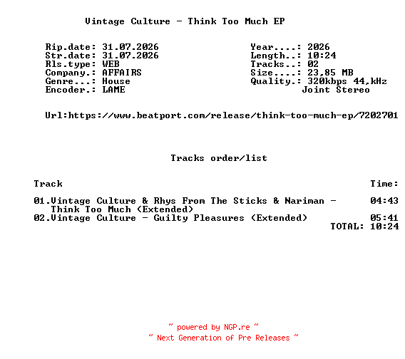 NFO for the release Vintage_Culture_-_Think_Too_Much_EP_(Extended)-WEB-2026-FMC by FMC