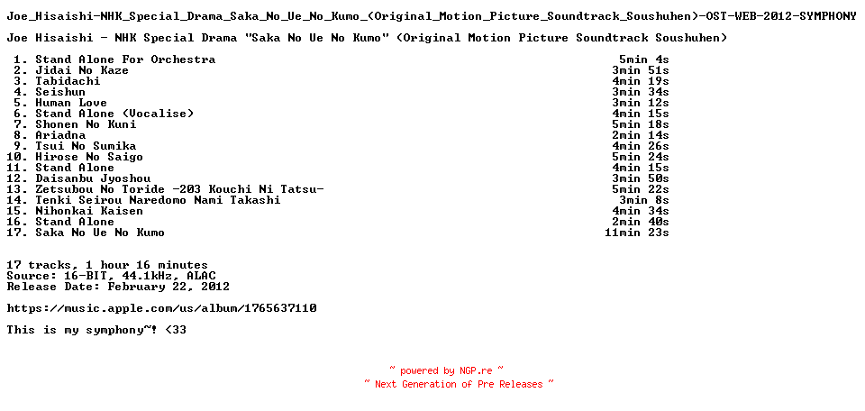 NFO for the release Joe_Hisaishi-NHK_Special_Drama_Saka_No_Ue_No_Kumo_(Original_Motion_Picture_Soundtrack_Soushuhen)-OST-WEB-2012-SYMPHONY by SYMPHONY