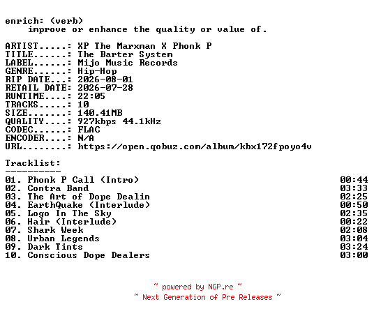 NFO for the release XP_The_Marxman_X_Phonk_P-The_Barter_System-16BIT-WEB-FLAC-2026-ENRiCH by ENRiCH