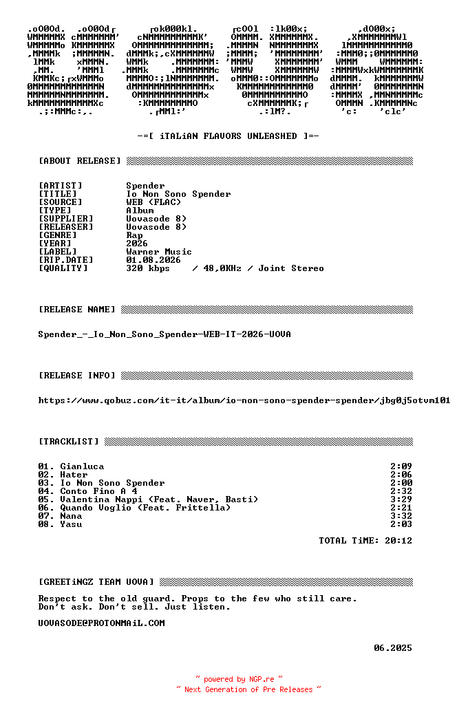 NFO for the release Spender_-_Io_Non_Sono_Spender-WEB-IT-2026-UOVA by UOVA