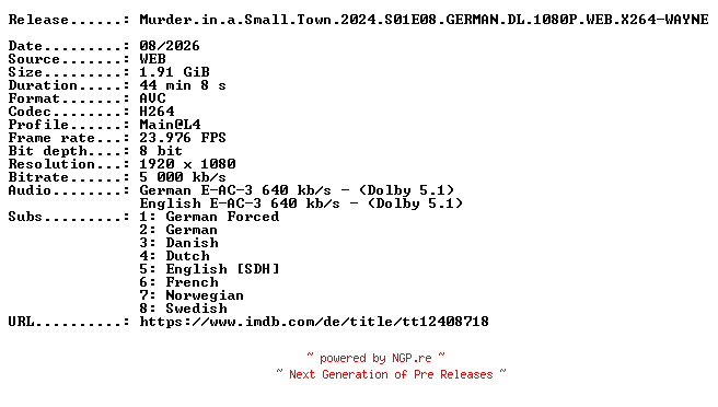 NFO for the release Murder.in.a.Small.Town.2024.S01E08.GERMAN.DL.1080P.WEB.X264-WAYNE by WAYNE