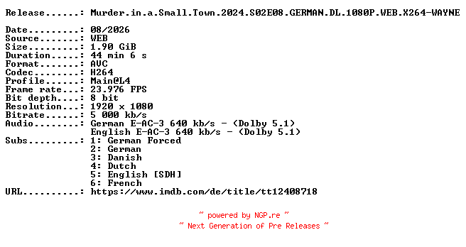 NFO for the release Murder.in.a.Small.Town.2024.S02E08.GERMAN.DL.1080P.WEB.X264-WAYNE by WAYNE