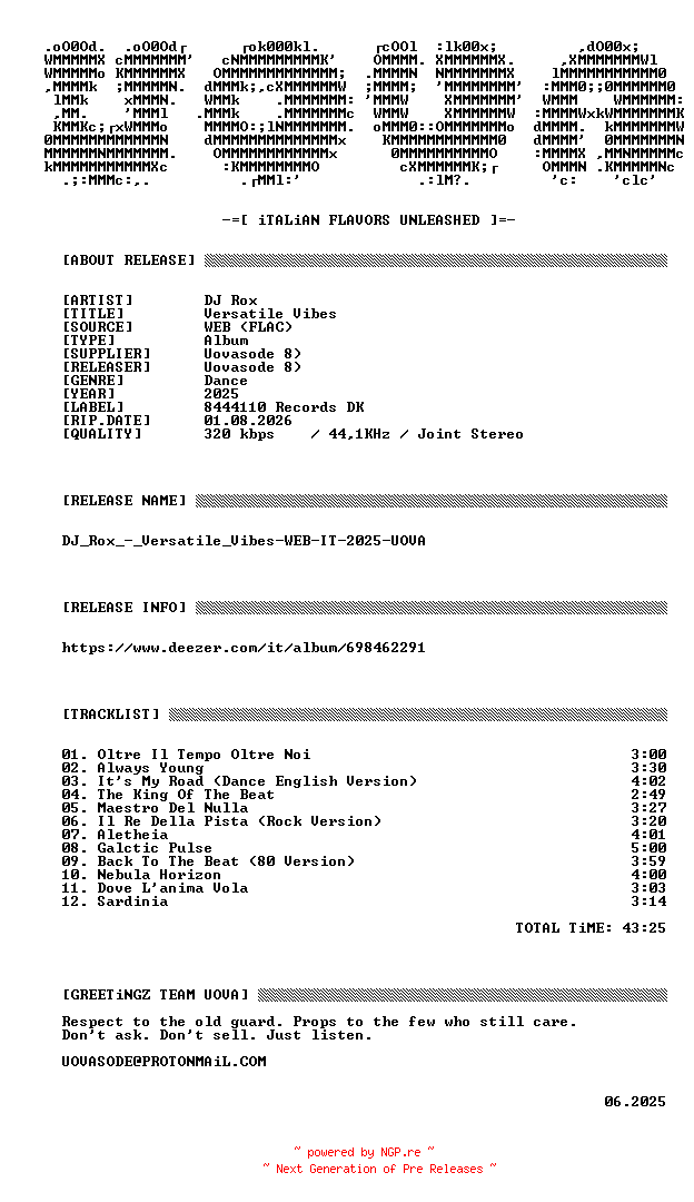 NFO for the release DJ_Rox_-_Versatile_Vibes-WEB-IT-2025-UOVA by UOVA