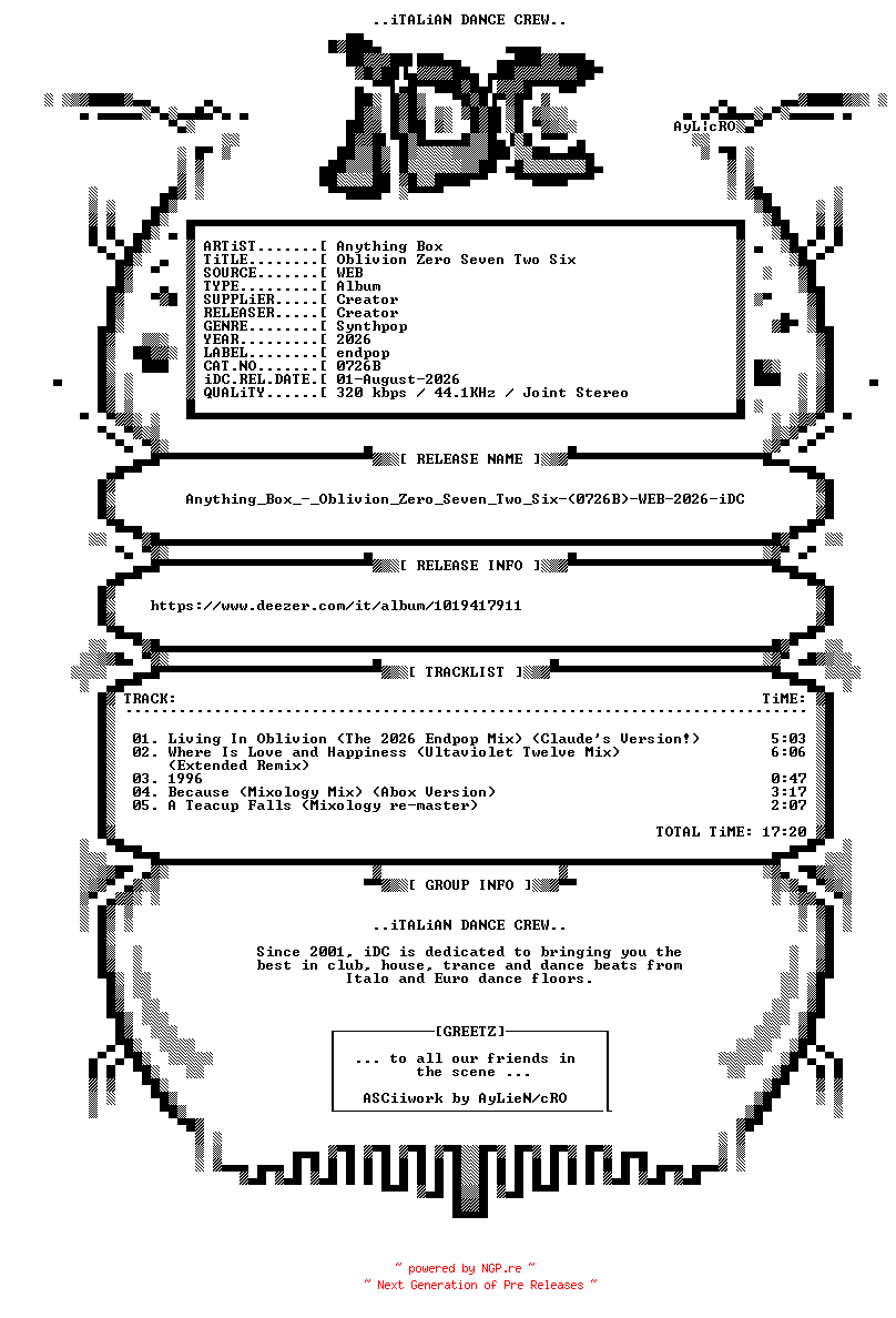 NFO for the release Anything_Box_-_Oblivion_Zero_Seven_Two_Six-(0726B)-WEB-2026-iDC by iDC