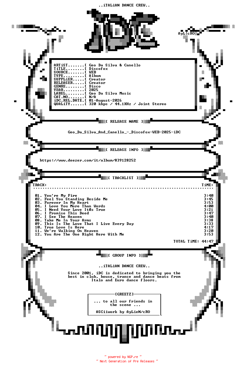 NFO for the release Geo_Da_Silva_And_Canello_-_Discofox-WEB-2025-iDC by iDC