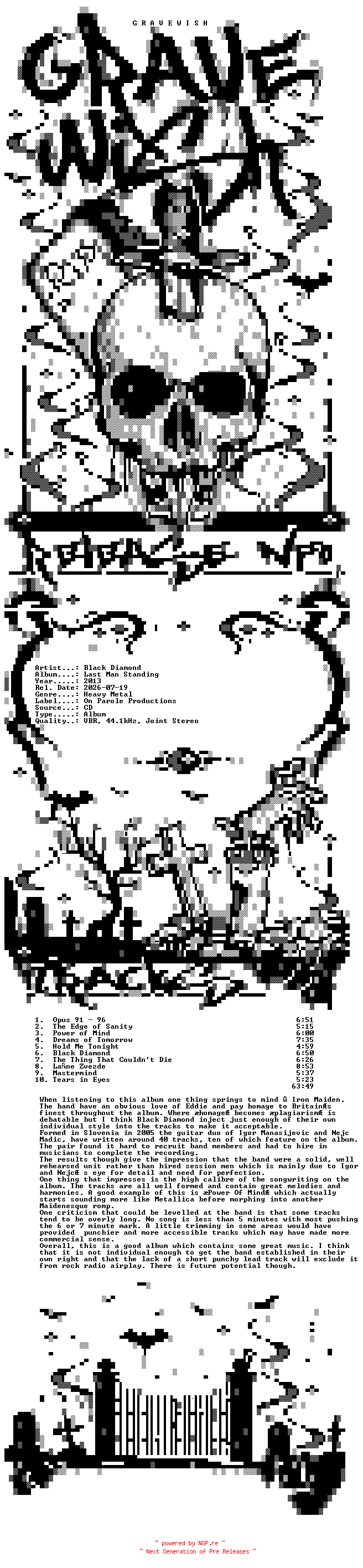 NFO for the release Black_Diamond-Last_Man_Standing-CD-2013-GRAVEWISH by GRAVEWISH