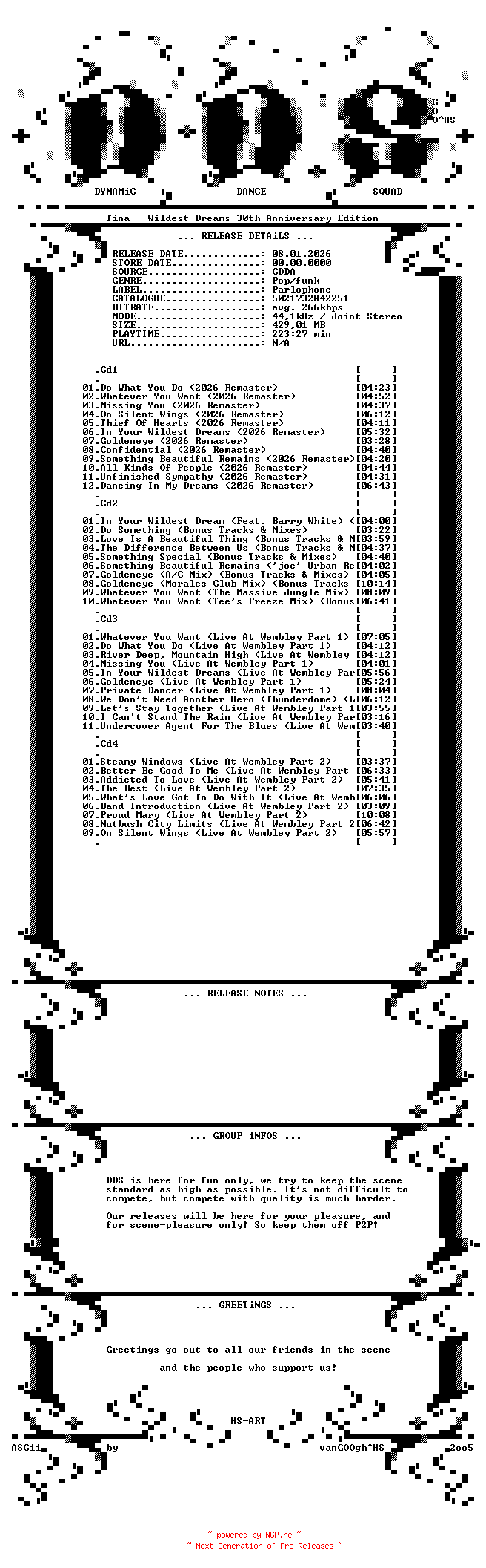 NFO for the release Tina-Wildest_Dreams_30th_Anniversary_Edition-Remastered_Deluxe_Edition-4CD-2026-DDS by DDS