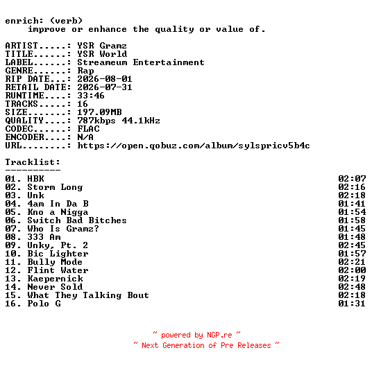 NFO for the release YSR_Gramz-YSR_World-16BIT-WEB-FLAC-2026-ENRiCH by ENRiCH