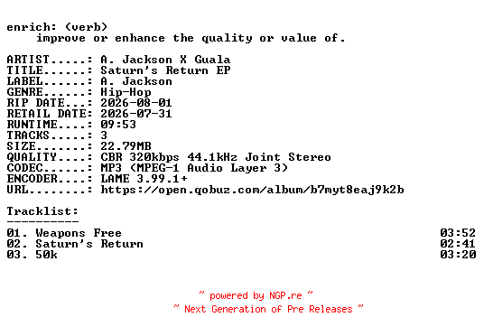 NFO for the release A._Jackson_X_Guala-Saturns_Return_EP-WEB-2026-ENRiCH by ENRiCH