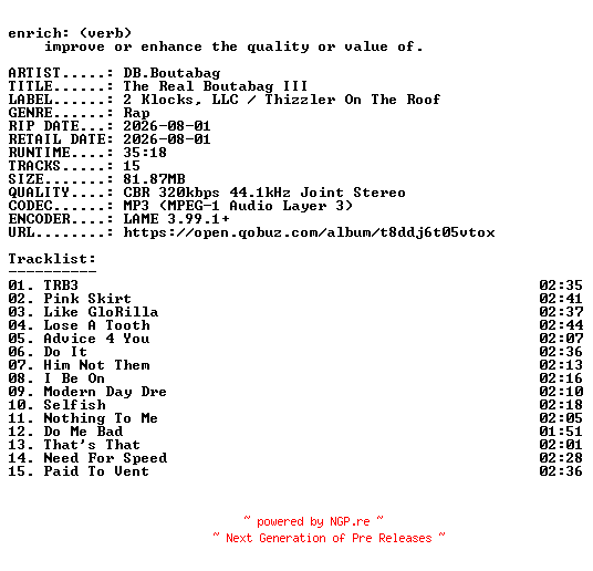 NFO for the release DB.Boutabag-The_Real_Boutabag_III-WEB-2026-ENRiCH by ENRiCH