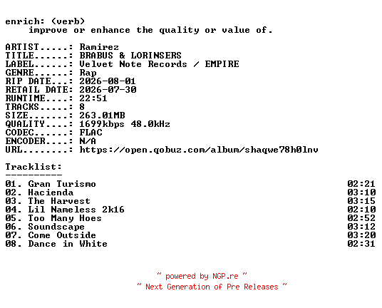 NFO for the release Ramirez-BRABUS_and_LORINSERS-EP-24BIT-WEB-FLAC-2026-ENRiCH by ENRiCH