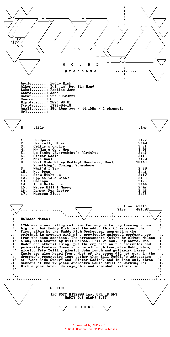 NFO for the release Buddy_Rich-Swingin_New_Big_Band-(724383523221)-REISSUE-CD-FLAC-1995-HOUND by HOUND