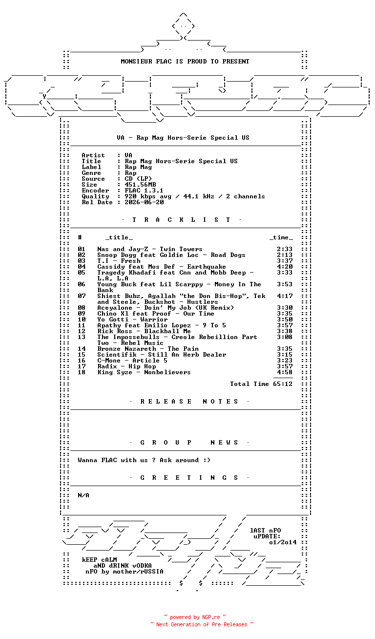NFO for the release VA-Rap_Mag_Hors-Serie_Special_US-CD-FLAC-2006-Mrflac by Mrflac