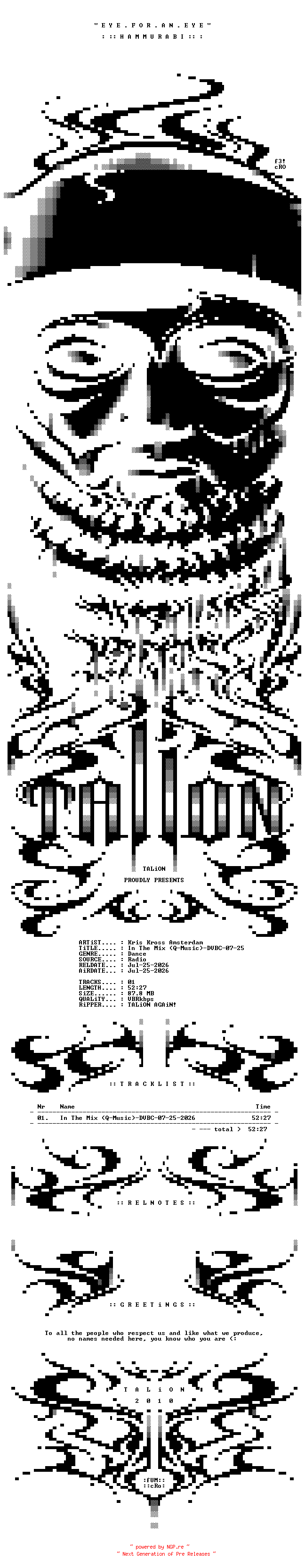 NFO for the release Kris_Kross_Amsterdam_-_In_The_Mix_(Q-Music)-DVBC-07-25-2026-TALiON by TALiON