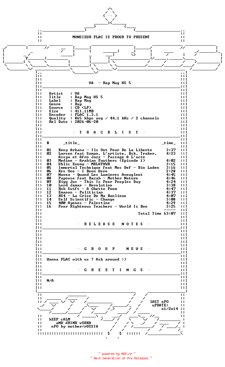 NFO for the release VA-Rap_Mag_HS_5-CD-FLAC-2006-Mrflac by Mrflac