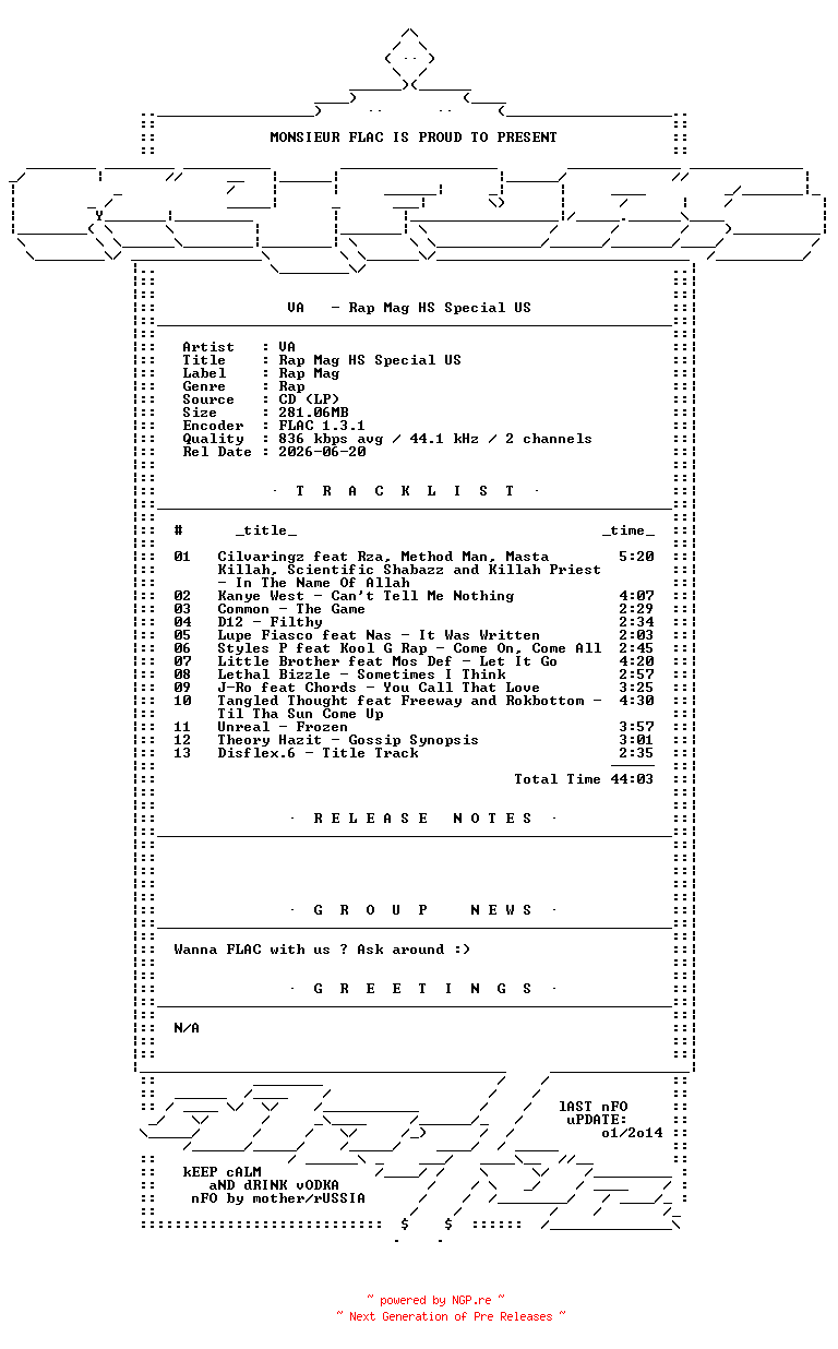 NFO for the release VA-Rap_Mag_HS_Special_US-CD-FLAC-2007-Mrflac by Mrflac
