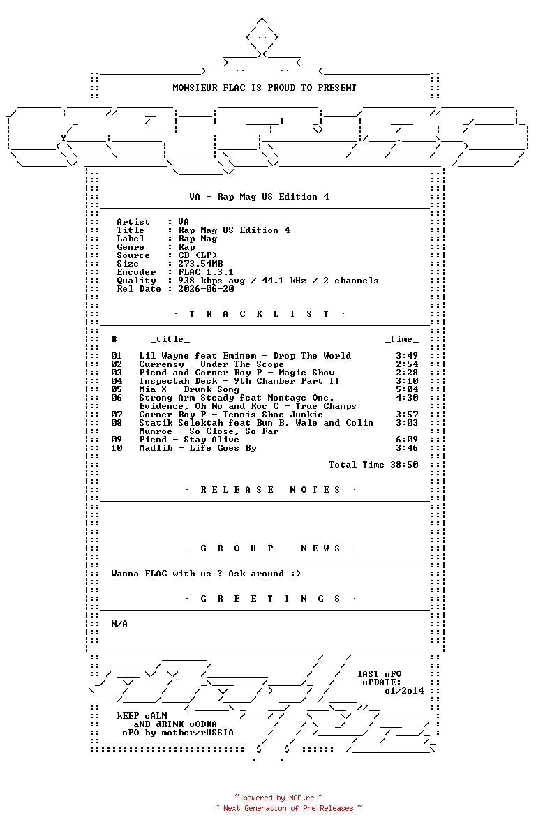 NFO for the release VA-Rap_Mag_US_Edition_4-CD-FLAC-2010-Mrflac by Mrflac