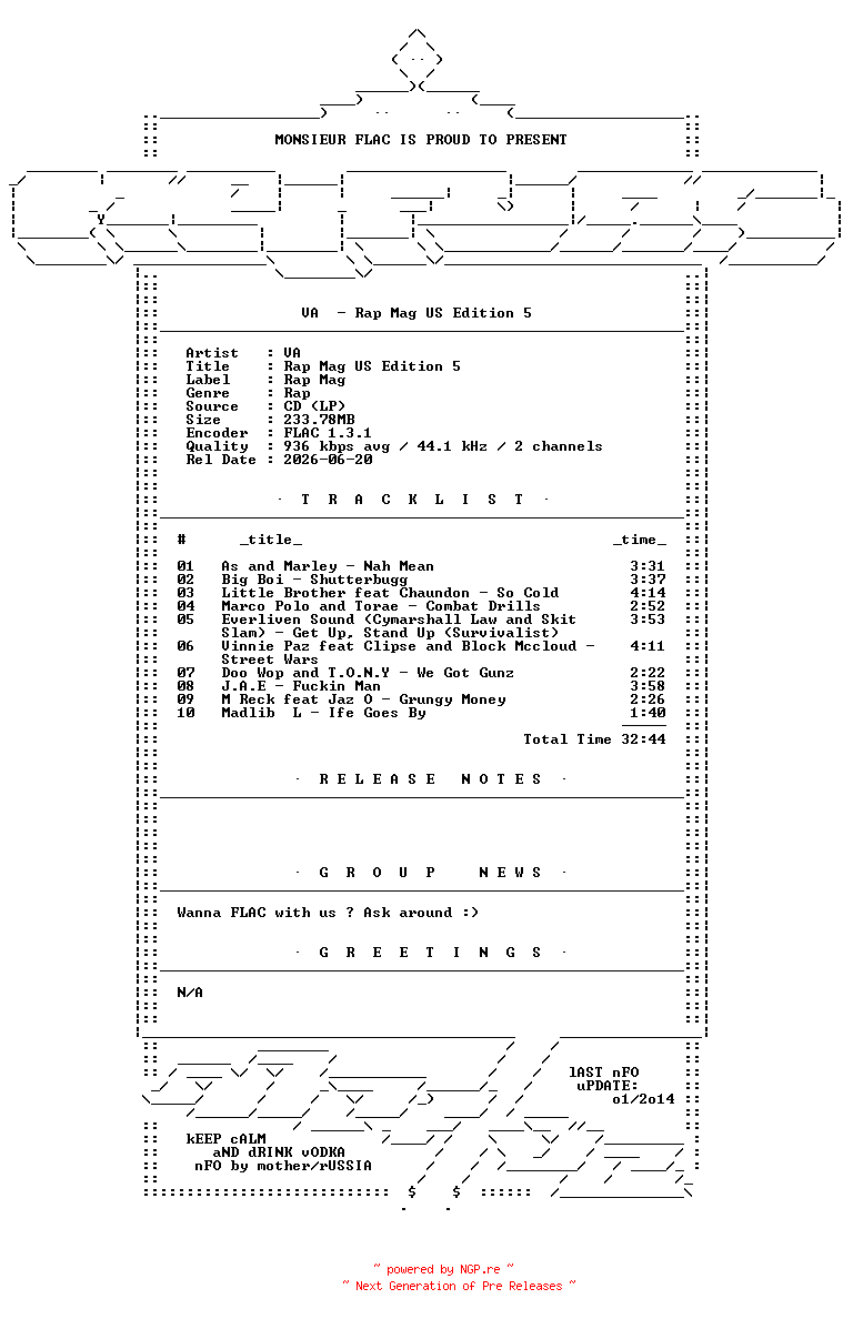 NFO for the release VA-Rap_Mag_US_Edition_5-CD-FLAC-2010-Mrflac by Mrflac