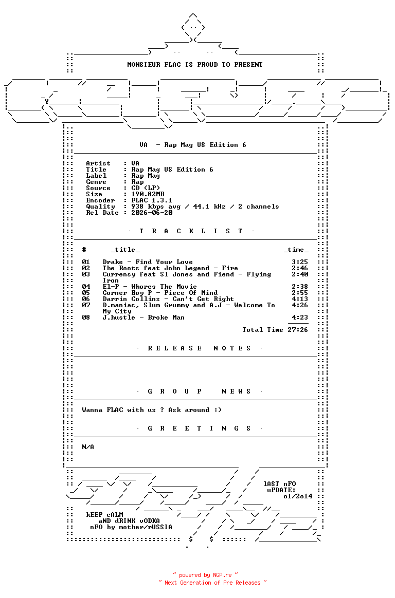 NFO for the release VA-Rap_Mag_US_Edition_6-CD-FLAC-2010-Mrflac by Mrflac