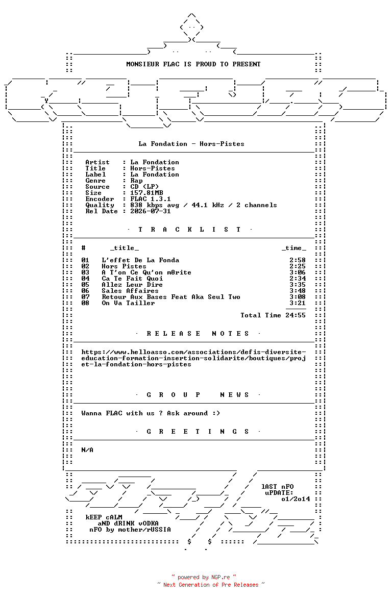 NFO for the release La_Fondation-Hors-Pistes-FR-Bootleg-CD-FLAC-2026-Mrflac by Mrflac
