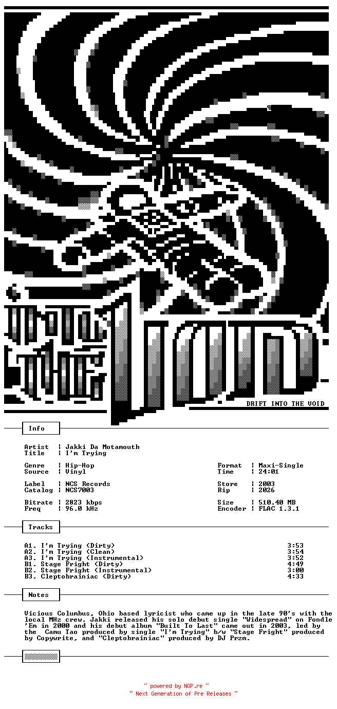 NFO for the release Jakki_Da_Motamouth-Im_Trying-VLS-FLAC-2003-THEVOiD by THEVOiD
