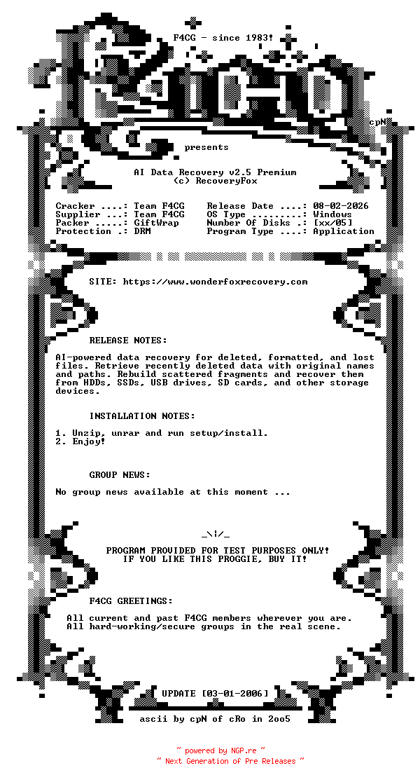 NFO for the release RecoveryFox.AI.Data.Recovery.v2.5.Premium-F4CG by F4CG