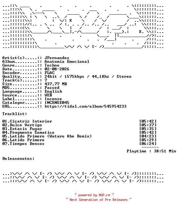 NFO for the release JFernandez-Anatomia_Emocional-INCENSE045-24BIT-WEB-FLAC-2026-WAVED by WAVED