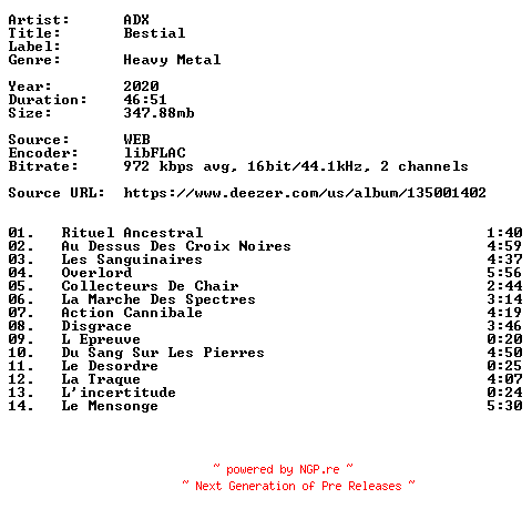 NFO for the release ADX-Bestial-FR-16BIT-WEB-FLAC-2020-VEXED by VEXED