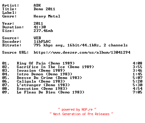 NFO for the release ADX-Demo_2011-FR-16BIT-WEB-FLAC-2011-VEXED by VEXED