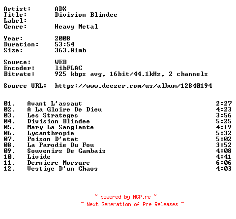 NFO for the release ADX-Division_Blindee-FR-16BIT-WEB-FLAC-2008-VEXED by VEXED