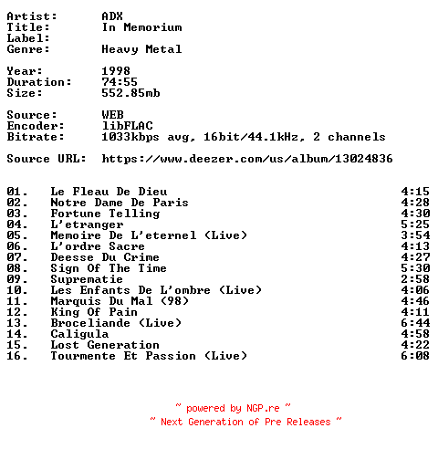 NFO for the release ADX-In_Memorium-FR-16BIT-WEB-FLAC-1998-VEXED by VEXED