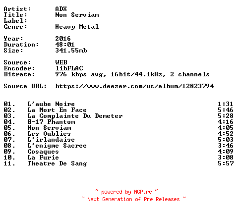 NFO for the release ADX-Non_Serviam-FR-16BIT-WEB-FLAC-2016-VEXED by VEXED