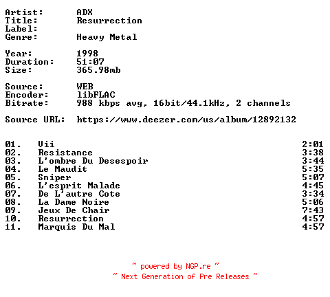 NFO for the release ADX-Resurrection-FR-16BIT-WEB-FLAC-1998-VEXED by VEXED