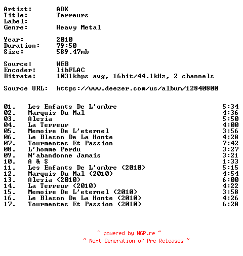 NFO for the release ADX-Terreurs-FR-16BIT-WEB-FLAC-2010-VEXED by VEXED