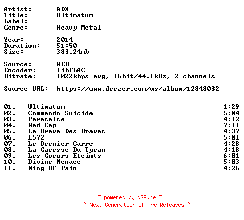NFO for the release ADX-Ultimatum-FR-16BIT-WEB-FLAC-2014-VEXED by VEXED