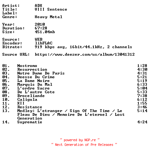 NFO for the release ADX-VIII_Sentence-FR-Reissue-16BIT-WEB-FLAC-2010-VEXED by VEXED