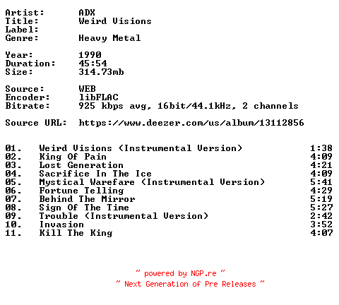 NFO for the release ADX-Weird_Visions-FR-16BIT-WEB-FLAC-1990-VEXED by VEXED