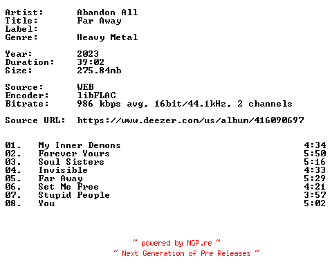 NFO for the release Abandon_All-Far_Away-16BIT-WEB-FLAC-2023-VEXED by VEXED