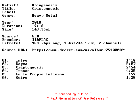NFO for the release Abiogenesis-Criptognosis-ES-Remastered-16BIT-WEB-FLAC-2018-VEXED by VEXED