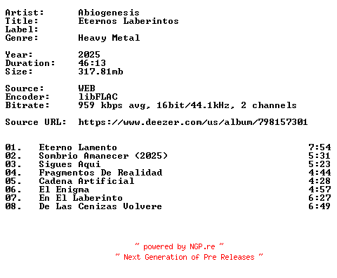 NFO for the release Abiogenesis-Eternos_Laberintos-ES-16BIT-WEB-FLAC-2025-VEXED by VEXED
