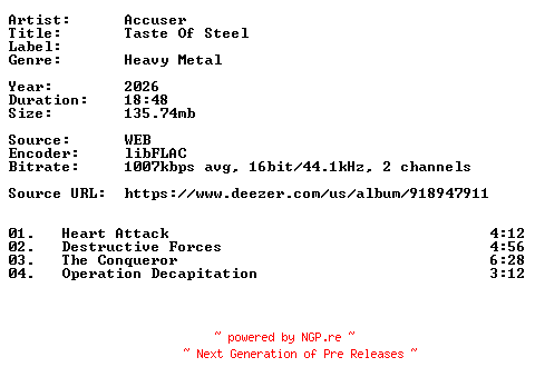 NFO for the release Accuser-Taste_Of_Steel-16BIT-WEB-FLAC-2026-VEXED by VEXED
