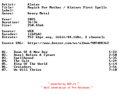 NFO for the release Alatar-Magick_For_Muthas__Alatars_First_Spells-16BIT-WEB-FLAC-2025-VEXED by VEXED