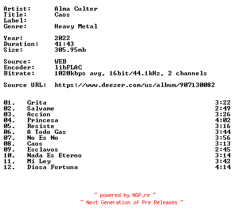 NFO for the release Alma_Culter-Caos-ES-16BIT-WEB-FLAC-2022-VEXED by VEXED