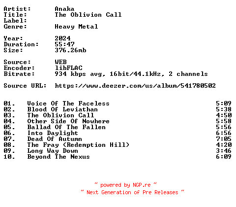 NFO for the release Anaka-The_Oblivion_Call-16BIT-WEB-FLAC-2024-VEXED by VEXED