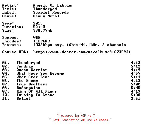 NFO for the release Angels_Of_Babylon-Thundergod-16BIT-WEB-FLAC-2013-VEXED by VEXED