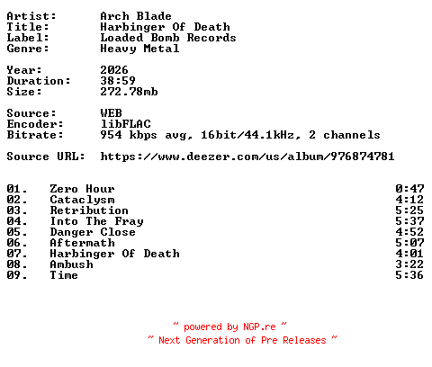 NFO for the release Arch_Blade-Harbinger_Of_Death-16BIT-WEB-FLAC-2026-VEXED by VEXED