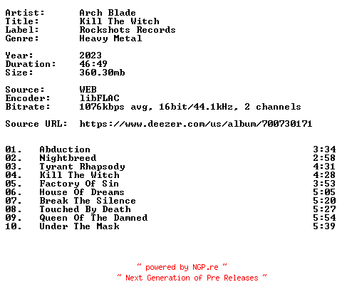 NFO for the release Arch_Blade-Kill_The_Witch-16BIT-WEB-FLAC-2023-VEXED by VEXED